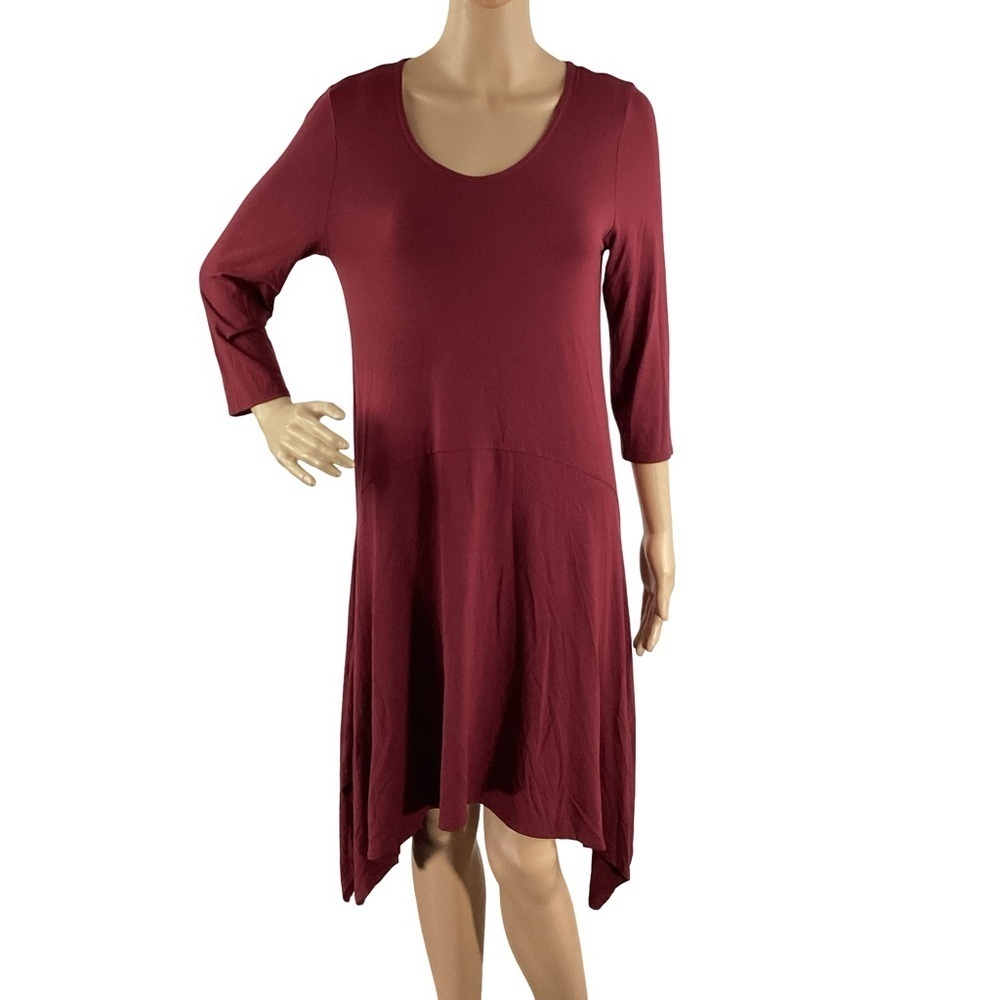 Eileen Fisher Handkerchief Hem Stretch Jersey Dress Burgundy Size S